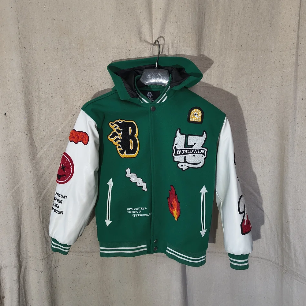 Black Pharoah Boy s Varsity Jacket Green & White W/Hood & Graphics / Patches